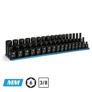 3/8" Drive Master Impact Socket Set, 6 - 22 mm, Billet Aluminum Tray, Blue