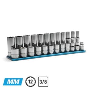 3/8" Drive Shallow and Deep Chrome Socket Set, Metric , 12-Point, 8 to 19 mm,  Blue