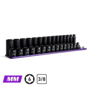 3/8″ Impact Socket Set, Deep and Shallow, 8 – 22 mm, Billet Aluminum Tray, Purple