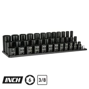 3/8″ Drive Master Impact Socket Set, 5/16 – 1″, Billet Aluminum Tray, Black