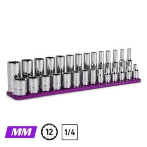 1/4" Drive 12-Point Master Chrome Sockets Set, 4 to 15 mm, Metric, Purple