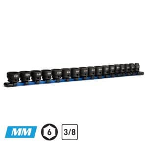 3/8" Drive Stubby Impact Socket Set, 8 - 24 mm, Aluminum Socket Rail