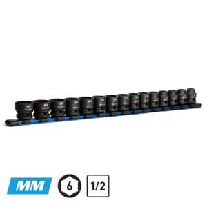 1/2" Drive Stubby Impact Socket Set, 10 - 24 mm, Aluminum Socket Rail