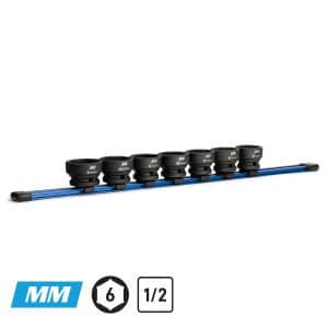 1/2" Drive Stubby Impact Socket Set, 25 - 32 mm, Aluminum Socket Rail