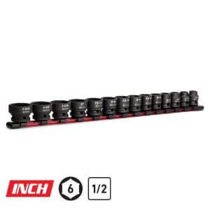 1/2" Drive Stubby Impact Socket Set, 3/8 - 1-3/16", Aluminum Socket Rail